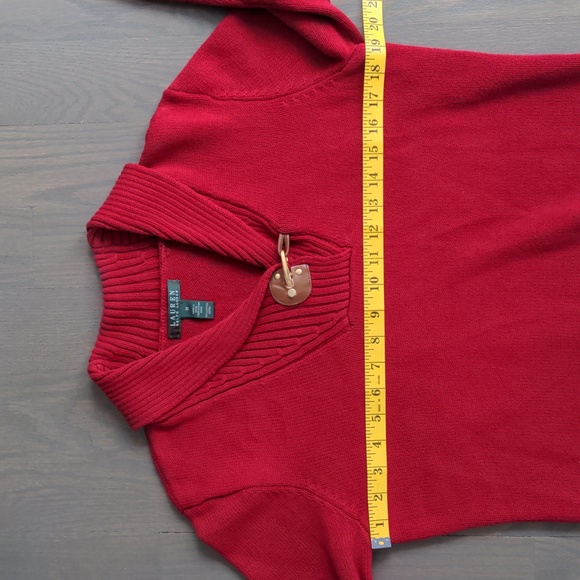 LAUREN RALPH LAUREN | 100% Cotton Sweater V-Neck Long Sleeves, Red, Womens M - Picture 9 of 11
